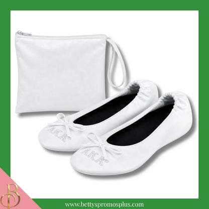 Alpha Kappa Alpha AKA Uninterrupted White Embroidered Ballet Flats with Carrying Case-Alpha Kappa Alpha Paraphernalia-Alpha Kappa Alpha Ballet Flats-Betty's Promos Plus