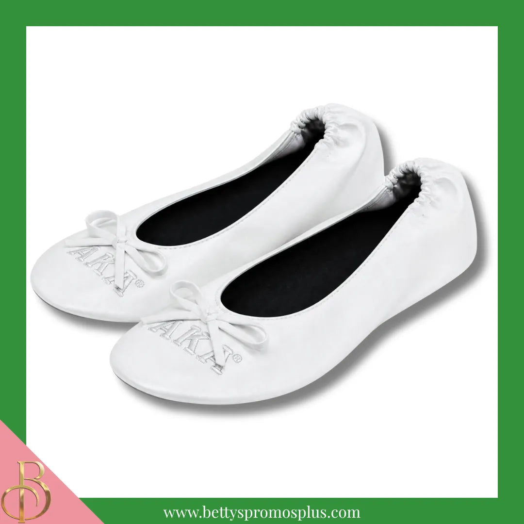Alpha Kappa Alpha AKA Uninterrupted White Embroidered Ballet Flats with Carrying Case-Alpha Kappa Alpha Paraphernalia-Alpha Kappa Alpha Ballet Flats-Betty's Promos Plus