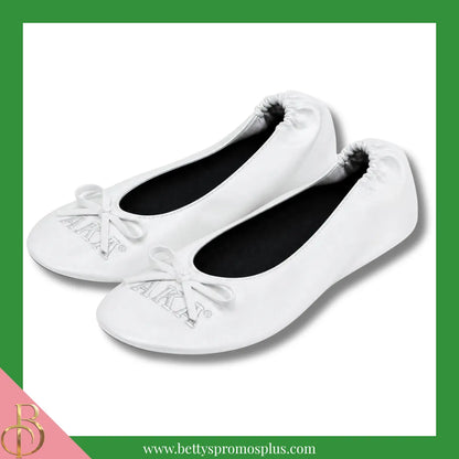 Alpha Kappa Alpha AKA Uninterrupted White Embroidered Ballet Flats with Carrying Case-Alpha Kappa Alpha Paraphernalia-Alpha Kappa Alpha Ballet Flats-Betty's Promos Plus