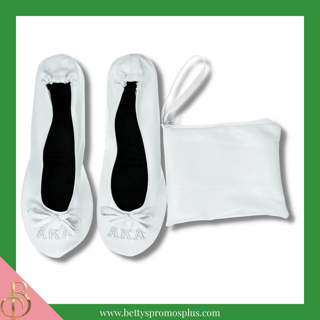 Alpha Kappa Alpha AKA Uninterrupted White Embroidered Ballet Flats with Carrying Case-Alpha Kappa Alpha Paraphernalia-Alpha Kappa Alpha Ballet Flats-Betty's Promos Plus