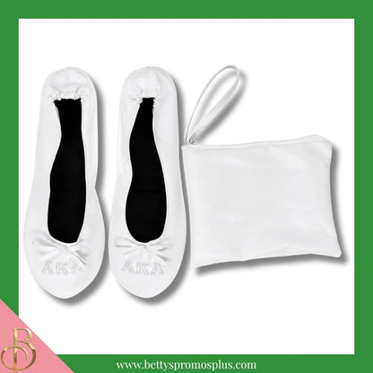 Alpha Kappa Alpha AKA Uninterrupted White Embroidered Ballet Flats with Carrying Case-Alpha Kappa Alpha Paraphernalia-Alpha Kappa Alpha Ballet Flats-Betty's Promos Plus