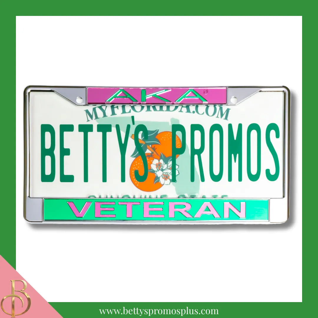 Alpha Kappa Alpha AKA Veteran Chrome Laser Engraved Mirrored Acrylic Auto Tag License Plate Frame-Green Bottom-Alpha Kappa Alpha Paraphernalia-Alpha Kappa Alpha Auto Tag Frame-Betty's Promos Plus