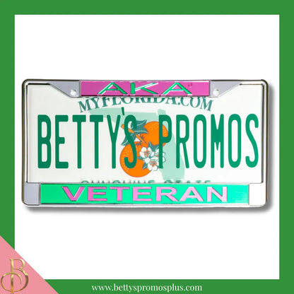 Alpha Kappa Alpha AKA Veteran Chrome Laser Engraved Mirrored Acrylic Auto Tag License Plate Frame-Green Bottom-Alpha Kappa Alpha Paraphernalia-Alpha Kappa Alpha Auto Tag Frame-Betty's Promos Plus
