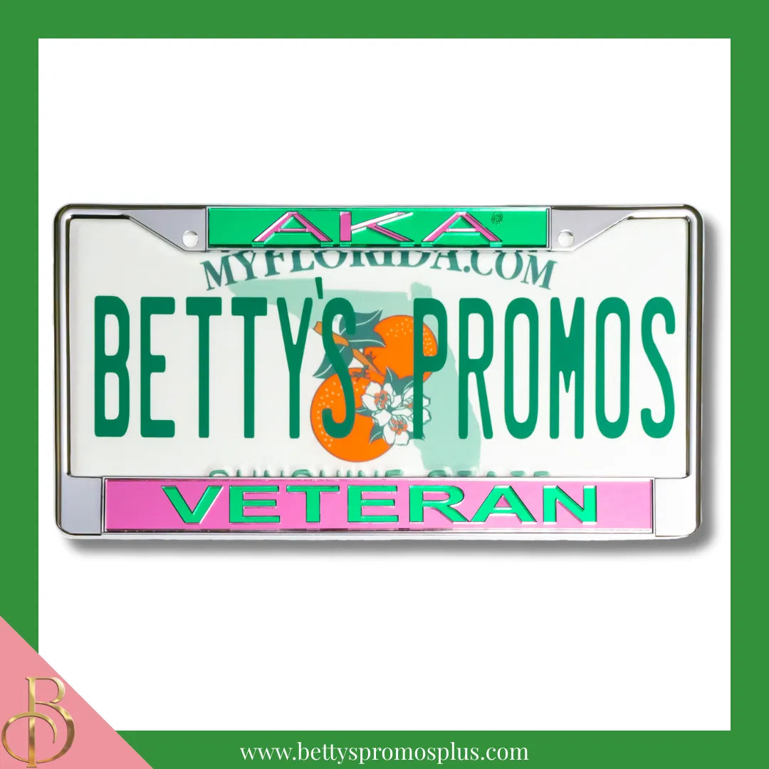 Alpha Kappa Alpha AKA Veteran Chrome Laser Engraved Mirrored Acrylic Auto Tag License Plate Frame-Pink Bottom-Alpha Kappa Alpha Paraphernalia-Alpha Kappa Alpha Auto Tag Frame-Betty's Promos Plus