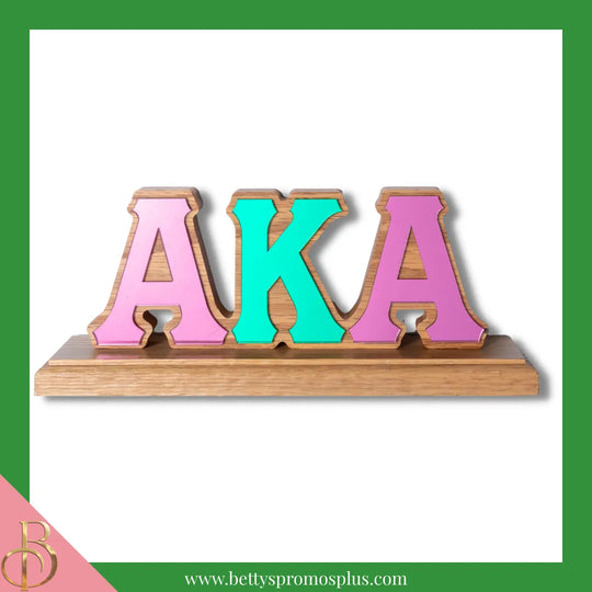 Alpha Kappa Alpha AKA Wooden Desk Ornament with Mirrored Letters-Pink-Alpha Kappa Alpha Paraphernalia-Alpha Kappa Alpha Desk Ornament-Betty's Promos Plus