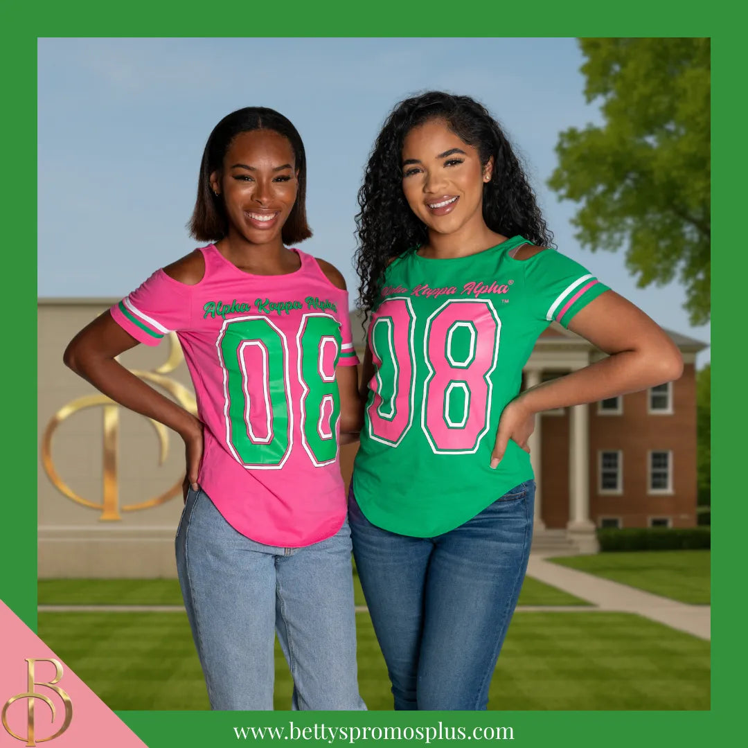 Alpha Kappa Alpha Cold Shoulder AKA 08 Screen Printed T-Shirt-Alpha Kappa Alpha Paraphernalia-Alpha Kappa Alpha T-Shirts-Betty's Promos Plus