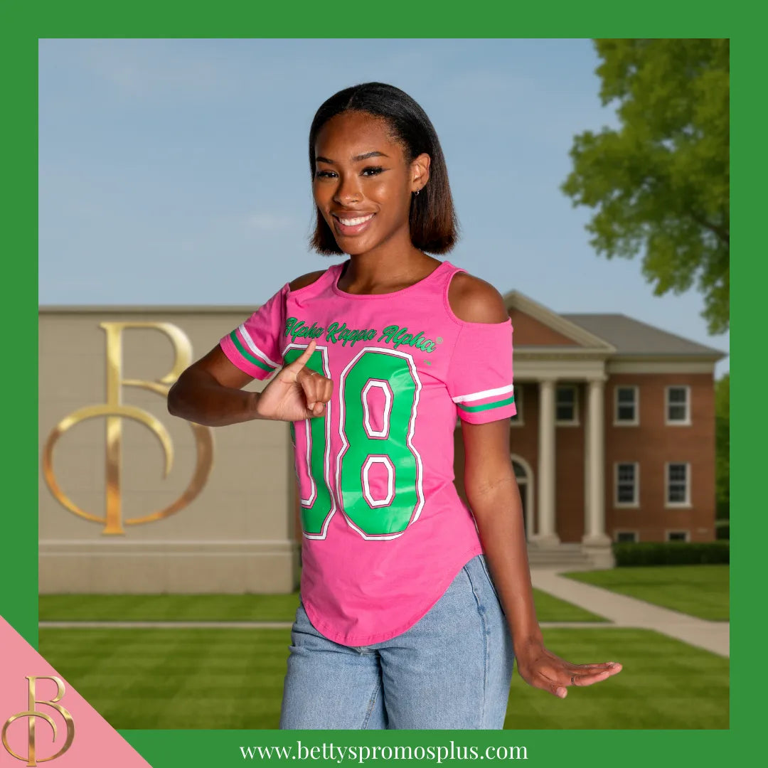 Alpha Kappa Alpha Cold Shoulder AKA 08 Screen Printed T-Shirt-Alpha Kappa Alpha Paraphernalia-Alpha Kappa Alpha T-Shirts-Betty's Promos Plus