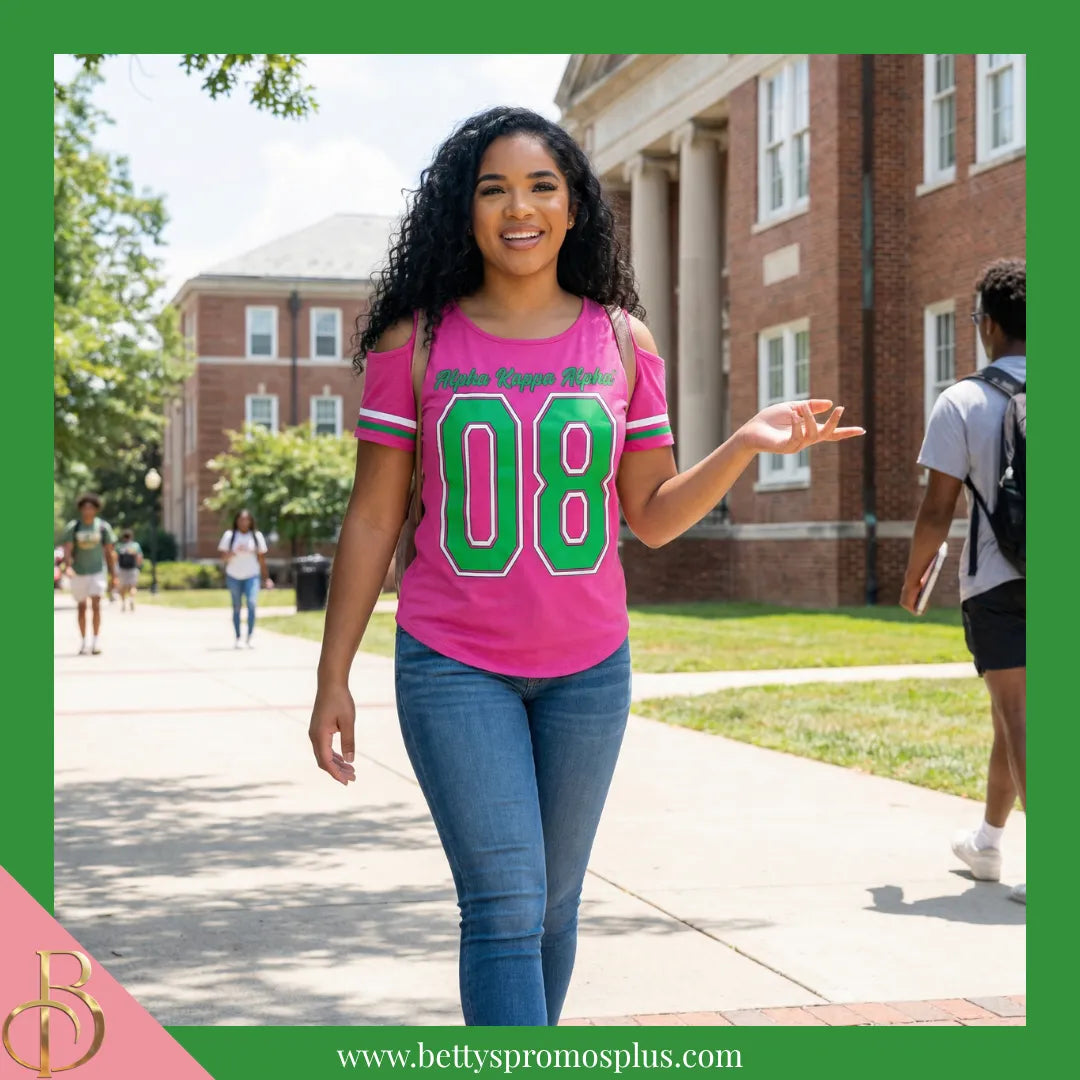Alpha Kappa Alpha Cold Shoulder AKA 08 Screen Printed T-Shirt-Alpha Kappa Alpha Paraphernalia-Alpha Kappa Alpha T-Shirts-Betty's Promos Plus