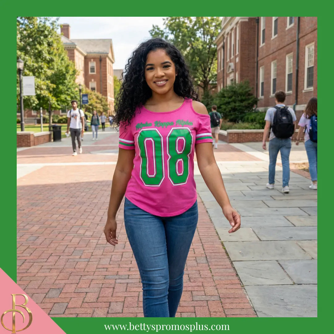 Alpha Kappa Alpha Cold Shoulder AKA 08 Screen Printed T-Shirt-Alpha Kappa Alpha Paraphernalia-Alpha Kappa Alpha T-Shirts-Betty's Promos Plus