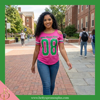 Alpha Kappa Alpha Cold Shoulder AKA 08 Screen Printed T-Shirt-Alpha Kappa Alpha Paraphernalia-Alpha Kappa Alpha T-Shirts-Betty's Promos Plus