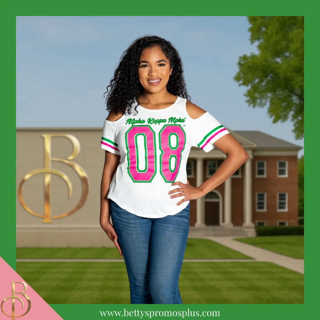 Alpha Kappa Alpha Cold Shoulder AKA 08 Screen Printed T-Shirt-Alpha Kappa Alpha Paraphernalia-Alpha Kappa Alpha T-Shirts-Betty's Promos Plus
