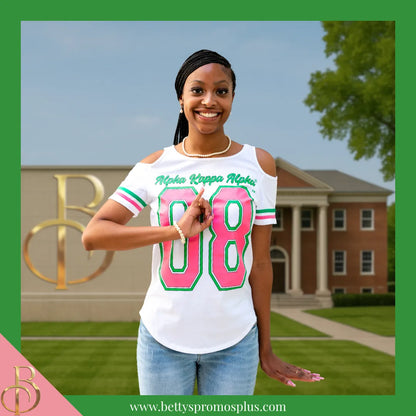 Alpha Kappa Alpha Cold Shoulder AKA 08 Screen Printed T-Shirt-Alpha Kappa Alpha Paraphernalia-Alpha Kappa Alpha T-Shirts-Betty's Promos Plus