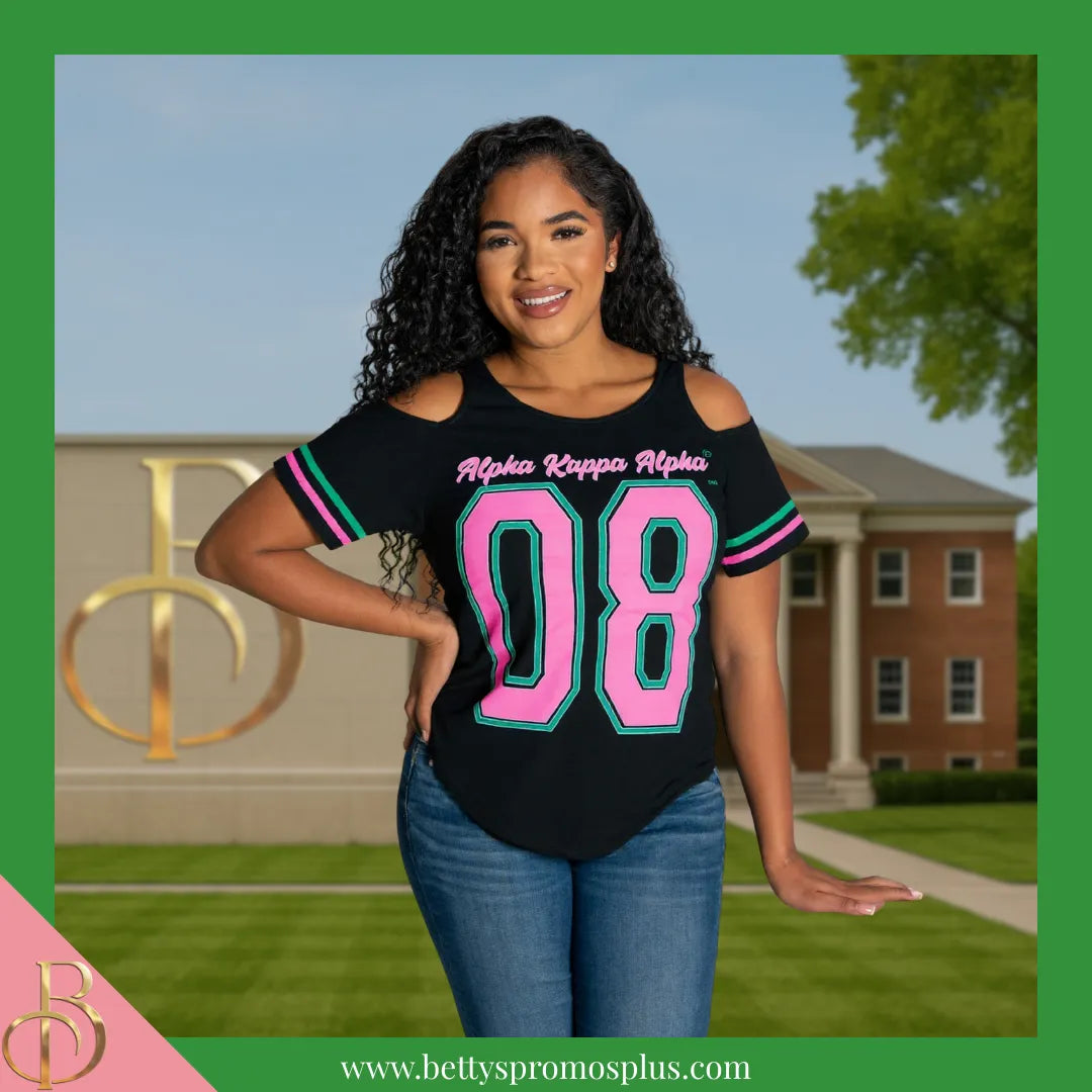 Alpha Kappa Alpha Cold Shoulder AKA 08 Screen Printed T-Shirt-Alpha Kappa Alpha Paraphernalia-Alpha Kappa Alpha T-Shirts-Betty's Promos Plus
