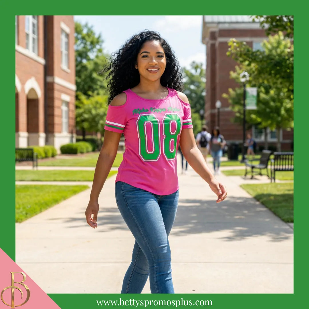 Alpha Kappa Alpha Cold Shoulder AKA 08 Screen Printed T-Shirt-Alpha Kappa Alpha Paraphernalia-Alpha Kappa Alpha T-Shirts-Betty's Promos Plus