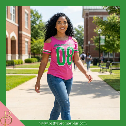 Alpha Kappa Alpha Cold Shoulder AKA 08 Screen Printed T-Shirt-Alpha Kappa Alpha Paraphernalia-Alpha Kappa Alpha T-Shirts-Betty's Promos Plus
