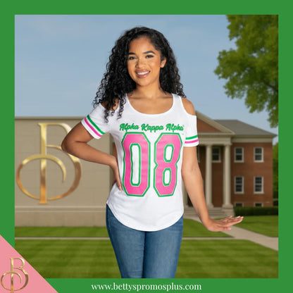 Alpha Kappa Alpha Cold Shoulder AKA 08 Screen Printed T-Shirt-Alpha Kappa Alpha Paraphernalia-Alpha Kappa Alpha T-Shirts-Betty's Promos Plus