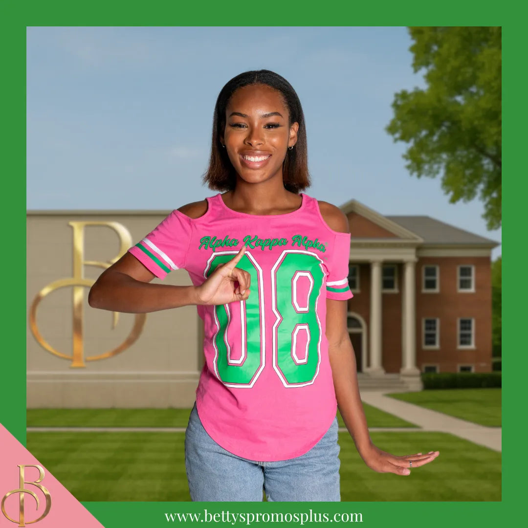 Alpha Kappa Alpha Cold Shoulder AKA 08 Screen Printed T-Shirt-Alpha Kappa Alpha Paraphernalia-Alpha Kappa Alpha T-Shirts-Betty's Promos Plus