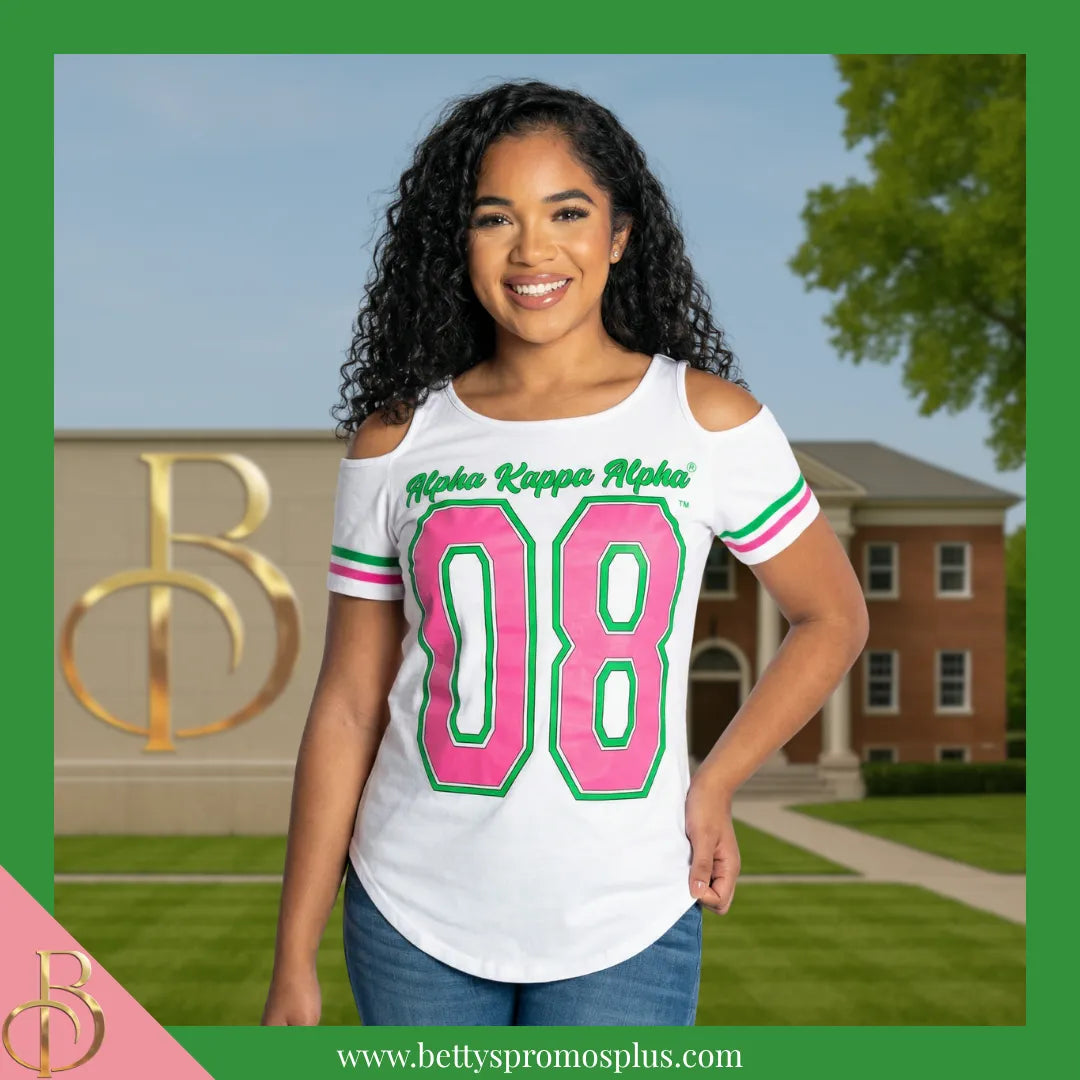 Alpha Kappa Alpha Cold Shoulder AKA 08 Screen Printed T-Shirt-Alpha Kappa Alpha Paraphernalia-Alpha Kappa Alpha T-Shirts-Betty's Promos Plus
