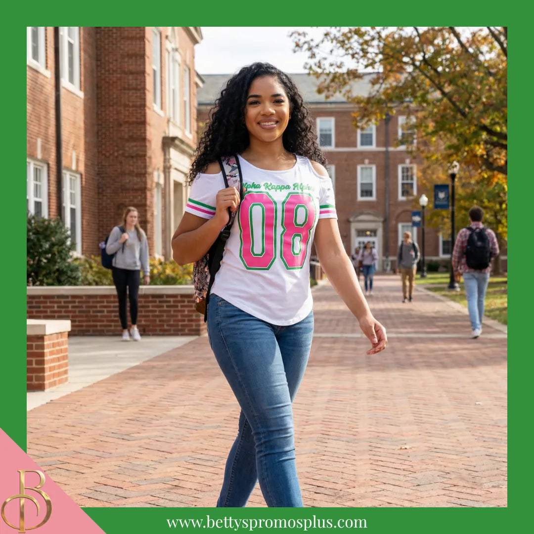 Alpha Kappa Alpha Cold Shoulder AKA 08 Screen Printed T-Shirt-Alpha Kappa Alpha Paraphernalia-Alpha Kappa Alpha T-Shirts-Betty's Promos Plus
