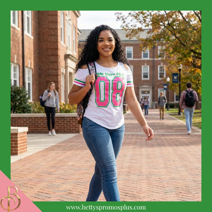 Alpha Kappa Alpha Cold Shoulder AKA 08 Screen Printed T-Shirt-Alpha Kappa Alpha Paraphernalia-Alpha Kappa Alpha T-Shirts-Betty's Promos Plus