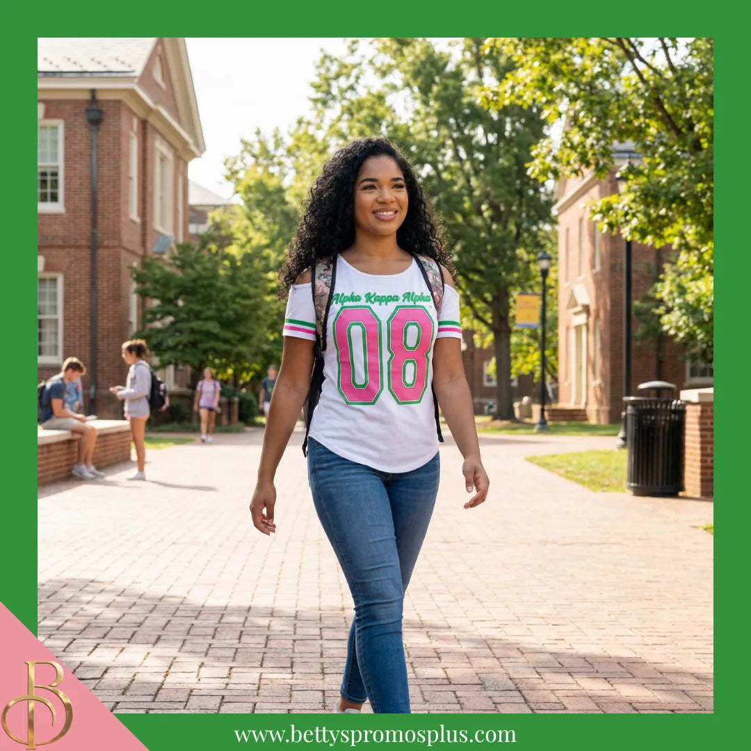 Alpha Kappa Alpha Cold Shoulder AKA 08 Screen Printed T-Shirt-Alpha Kappa Alpha Paraphernalia-Alpha Kappa Alpha T-Shirts-Betty's Promos Plus