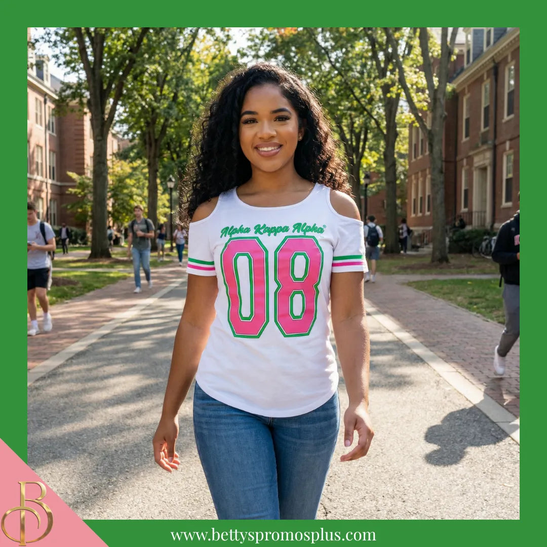 Alpha Kappa Alpha Cold Shoulder AKA 08 Screen Printed T-Shirt-Alpha Kappa Alpha Paraphernalia-Alpha Kappa Alpha T-Shirts-Betty's Promos Plus