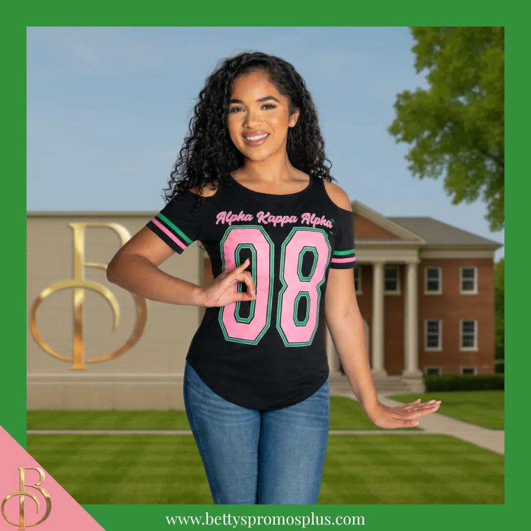 Alpha Kappa Alpha Cold Shoulder AKA 08 Screen Printed T-Shirt-Alpha Kappa Alpha Paraphernalia-Alpha Kappa Alpha T-Shirts-Betty's Promos Plus