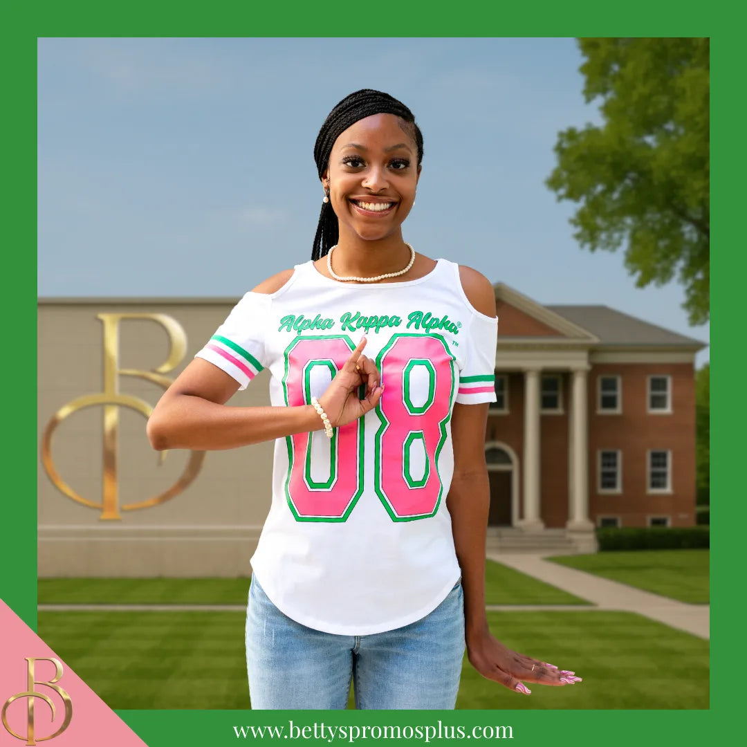 Alpha Kappa Alpha Cold Shoulder AKA 08 Screen Printed T-Shirt-Alpha Kappa Alpha Paraphernalia-Alpha Kappa Alpha T-Shirts-Betty's Promos Plus