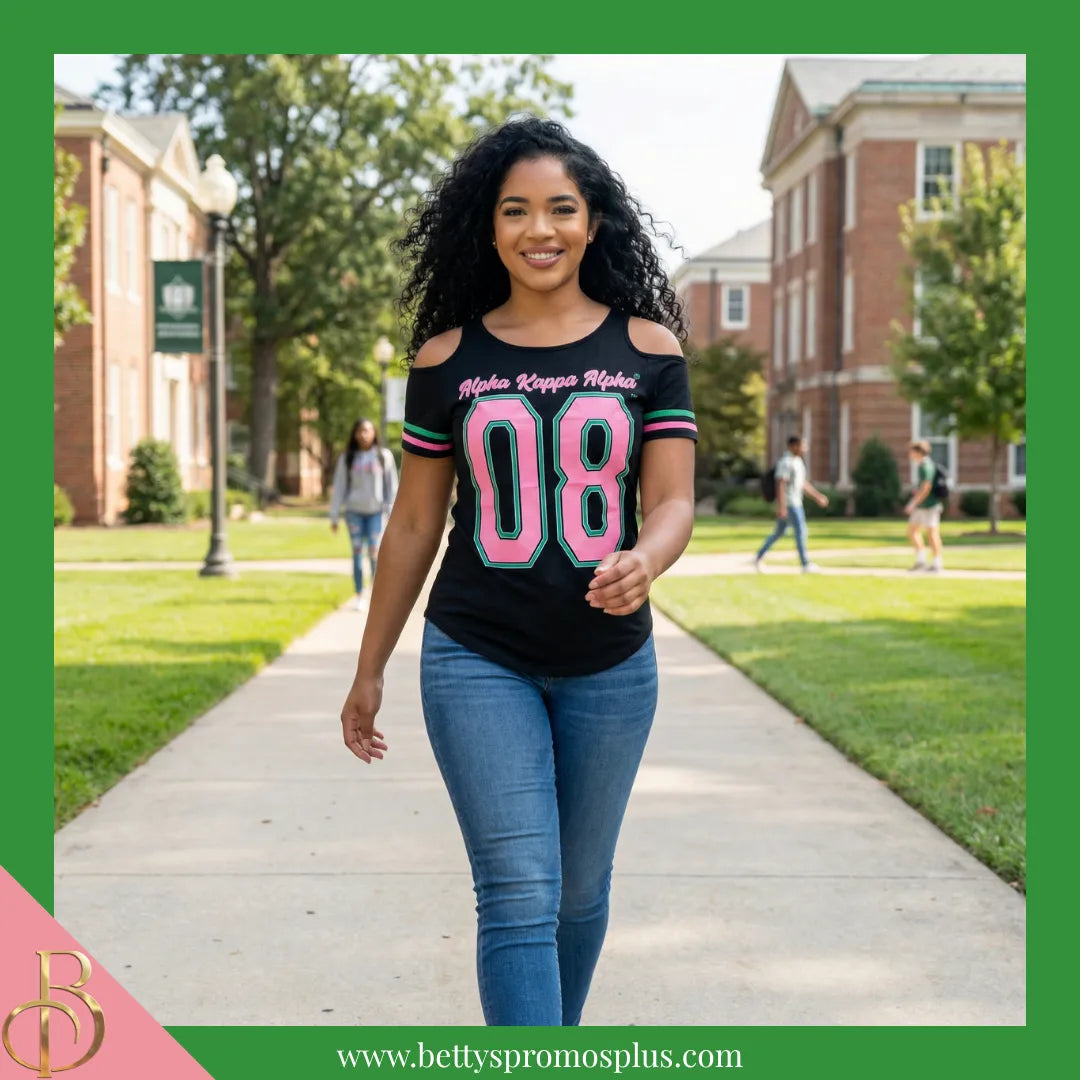 Alpha Kappa Alpha Cold Shoulder AKA 08 Screen Printed T-Shirt-Alpha Kappa Alpha Paraphernalia-Alpha Kappa Alpha T-Shirts-Betty's Promos Plus