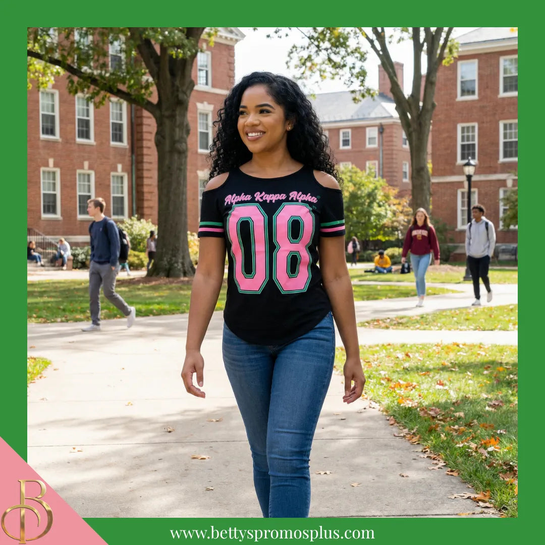 Alpha Kappa Alpha Cold Shoulder AKA 08 Screen Printed T-Shirt-Alpha Kappa Alpha Paraphernalia-Alpha Kappa Alpha T-Shirts-Betty's Promos Plus