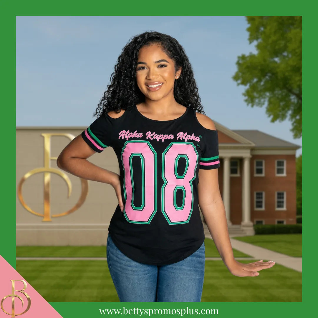 Alpha Kappa Alpha Cold Shoulder AKA 08 Screen Printed T-Shirt-Alpha Kappa Alpha Paraphernalia-Alpha Kappa Alpha T-Shirts-Betty's Promos Plus