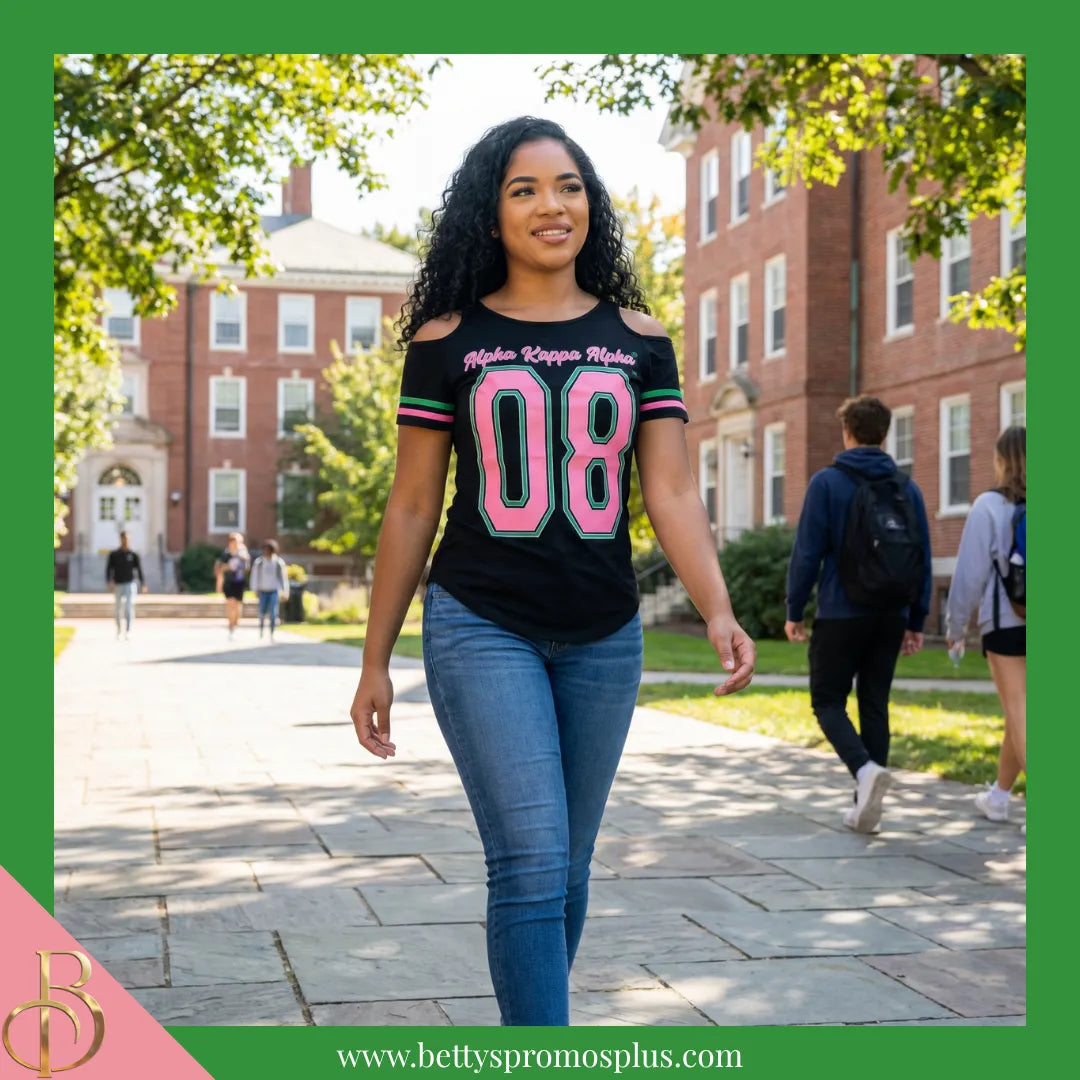 Alpha Kappa Alpha Cold Shoulder AKA 08 Screen Printed T-Shirt-Alpha Kappa Alpha Paraphernalia-Alpha Kappa Alpha T-Shirts-Betty's Promos Plus