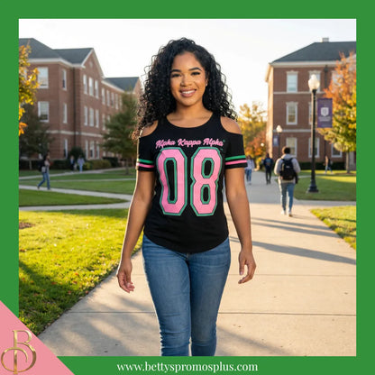 Alpha Kappa Alpha Cold Shoulder AKA 08 Screen Printed T-Shirt-Alpha Kappa Alpha Paraphernalia-Alpha Kappa Alpha T-Shirts-Betty's Promos Plus