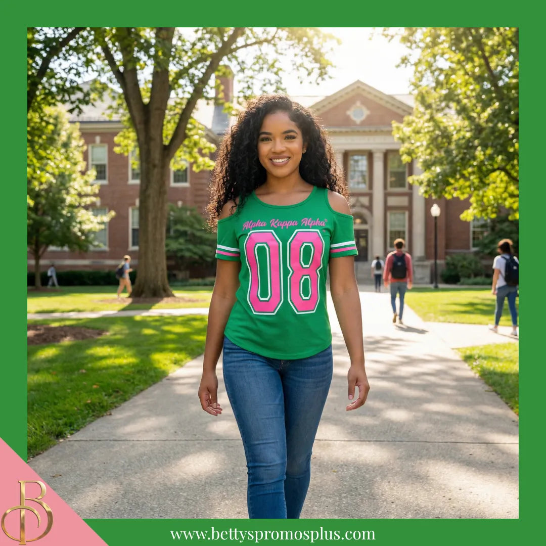 Alpha Kappa Alpha Cold Shoulder AKA 08 Screen Printed T-Shirt-Alpha Kappa Alpha Paraphernalia-Alpha Kappa Alpha T-Shirts-Betty's Promos Plus