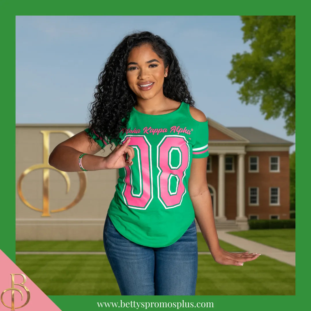 Alpha Kappa Alpha Cold Shoulder AKA 08 Screen Printed T-Shirt-Alpha Kappa Alpha Paraphernalia-Alpha Kappa Alpha T-Shirts-Betty's Promos Plus
