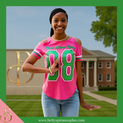 Alpha Kappa Alpha Cold Shoulder AKA 08 Screen Printed T-Shirt-Alpha Kappa Alpha Paraphernalia-Alpha Kappa Alpha T-Shirts-Betty's Promos Plus