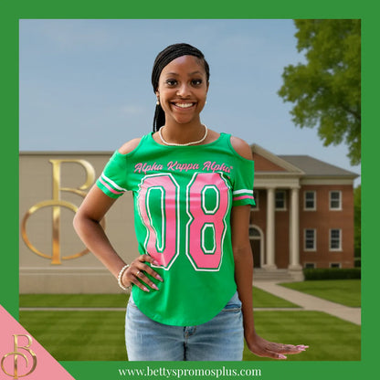 Alpha Kappa Alpha Cold Shoulder AKA 08 Screen Printed T-Shirt-Alpha Kappa Alpha Paraphernalia-Alpha Kappa Alpha T-Shirts-Betty's Promos Plus
