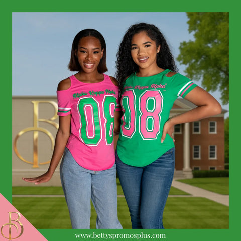 Alpha Kappa Alpha Cold Shoulder AKA 08 Screen Printed T-Shirt-Alpha Kappa Alpha Paraphernalia-Alpha Kappa Alpha T-Shirts-Betty's Promos Plus