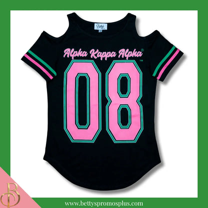 Alpha Kappa Alpha Cold Shoulder AKA 08 Screen Printed T-Shirt-Black-Small-Alpha Kappa Alpha Paraphernalia-Alpha Kappa Alpha T-Shirts-Betty's Promos Plus