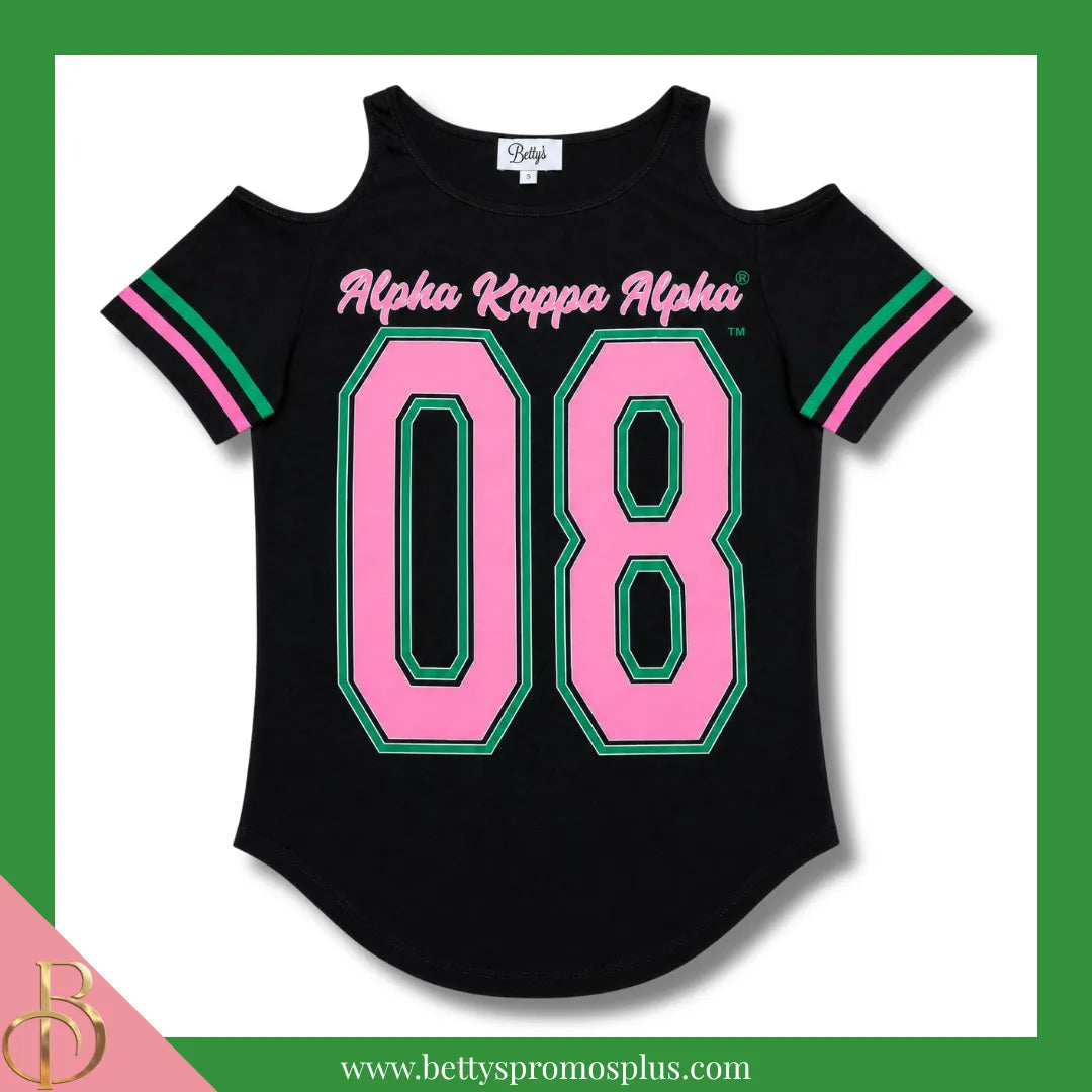Alpha Kappa Alpha Cold Shoulder AKA 08 Screen Printed T-Shirt-Black-Small-Alpha Kappa Alpha Paraphernalia-Alpha Kappa Alpha T-Shirts-Betty's Promos Plus