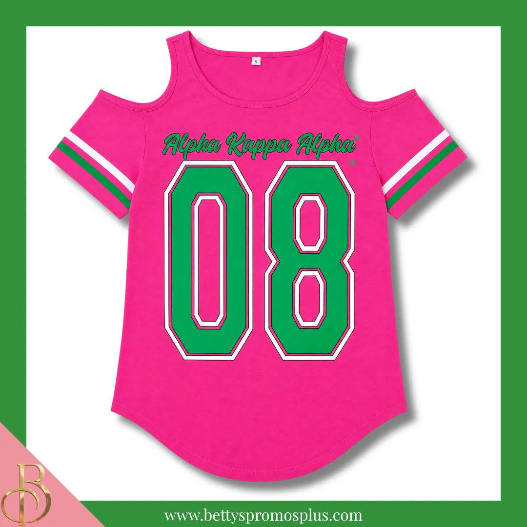 Alpha Kappa Alpha Cold Shoulder AKA 08 Screen Printed T-Shirt-Pink-Small-Alpha Kappa Alpha Paraphernalia-Alpha Kappa Alpha T-Shirts-Betty's Promos Plus