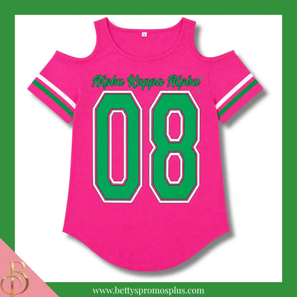 Alpha Kappa Alpha Cold Shoulder AKA 08 Screen Printed T-Shirt-Pink-Small-Alpha Kappa Alpha Paraphernalia-Alpha Kappa Alpha T-Shirts-Betty's Promos Plus