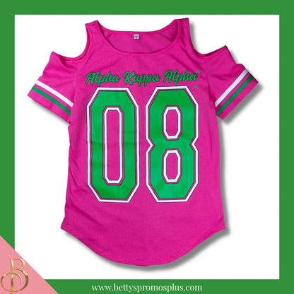 Alpha Kappa Alpha Cold Shoulder AKA 08 Screen Printed T-Shirt-Pink-Small-Alpha Kappa Alpha Paraphernalia-Alpha Kappa Alpha T-Shirts-Betty's Promos Plus