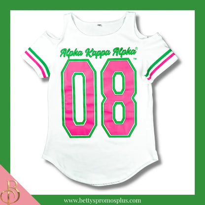Alpha Kappa Alpha Cold Shoulder AKA 08 Screen Printed T-Shirt-White-Small-Alpha Kappa Alpha Paraphernalia-Alpha Kappa Alpha T-Shirts-Betty's Promos Plus