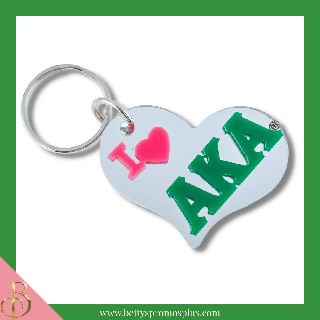 Alpha Kappa Alpha I Love AKA Heart-Shaped Acrylic Mirror Keychain-Alpha Kappa Alpha Paraphernalia-Alpha Kappa Alpha Keychain-Betty's Promos Plus
