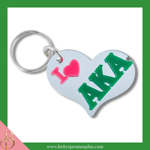 Alpha Kappa Alpha I Love AKA Heart-Shaped Acrylic Mirror Keychain-Silver-Alpha Kappa Alpha Paraphernalia-Alpha Kappa Alpha Keychain-Betty's Promos Plus