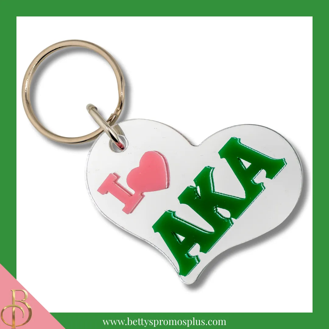Alpha Kappa Alpha I Love AKA Heart-Shaped Acrylic Mirror Keychain-Silver-Alpha Kappa Alpha Paraphernalia-Alpha Kappa Alpha Keychain-Betty's Promos Plus