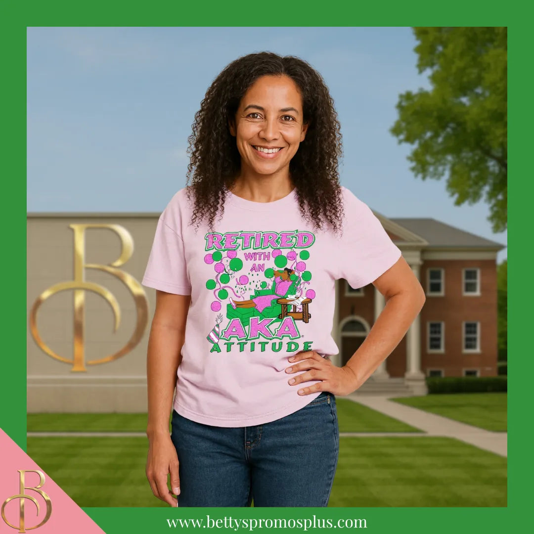 Alpha Kappa Alpha Retired with an AKA Attitude Screen Printed T-Shirt-Alpha Kappa Alpha Paraphernalia-Alpha Kappa Alpha T-Shirts-Betty's Promos Plus