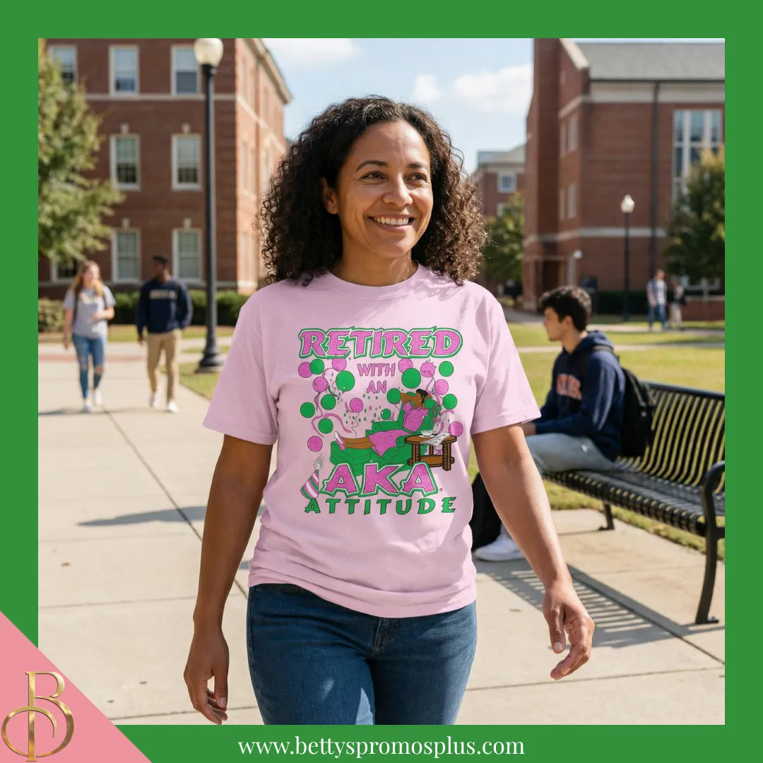 Alpha Kappa Alpha Retired with an AKA Attitude Screen Printed T-Shirt-Alpha Kappa Alpha Paraphernalia-Alpha Kappa Alpha T-Shirts-Betty's Promos Plus