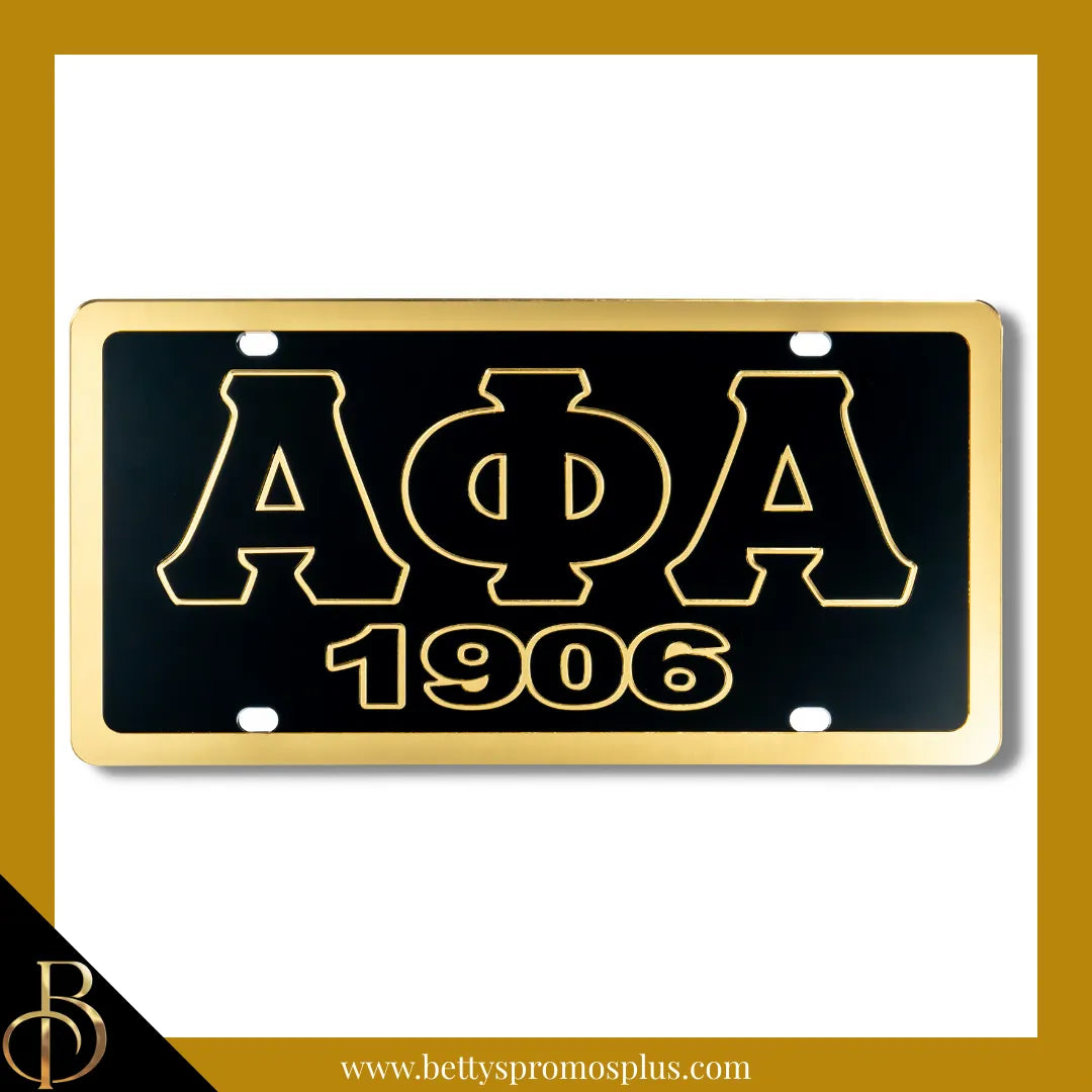 Alpha Phi Alpha ΑΦΑ 1906 Laser Engraved Mirrored Acrylic Auto Tag License Plate-Black Background-Gold Trim-Alpha Phi Alpha Paraphernalia-Alpha Phi Alpha Auto Tag-Betty's Promos Plus